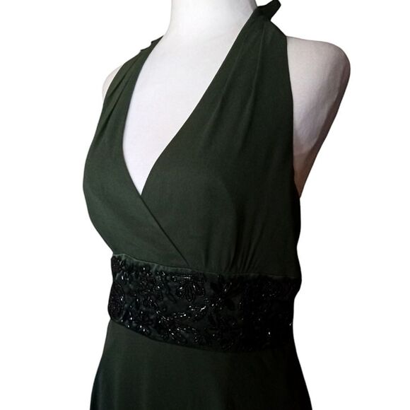 Vintage Donna Ricco Hunter Green Baby Doll Style Beaded Waist Silk Dress - Picture 2 of 8